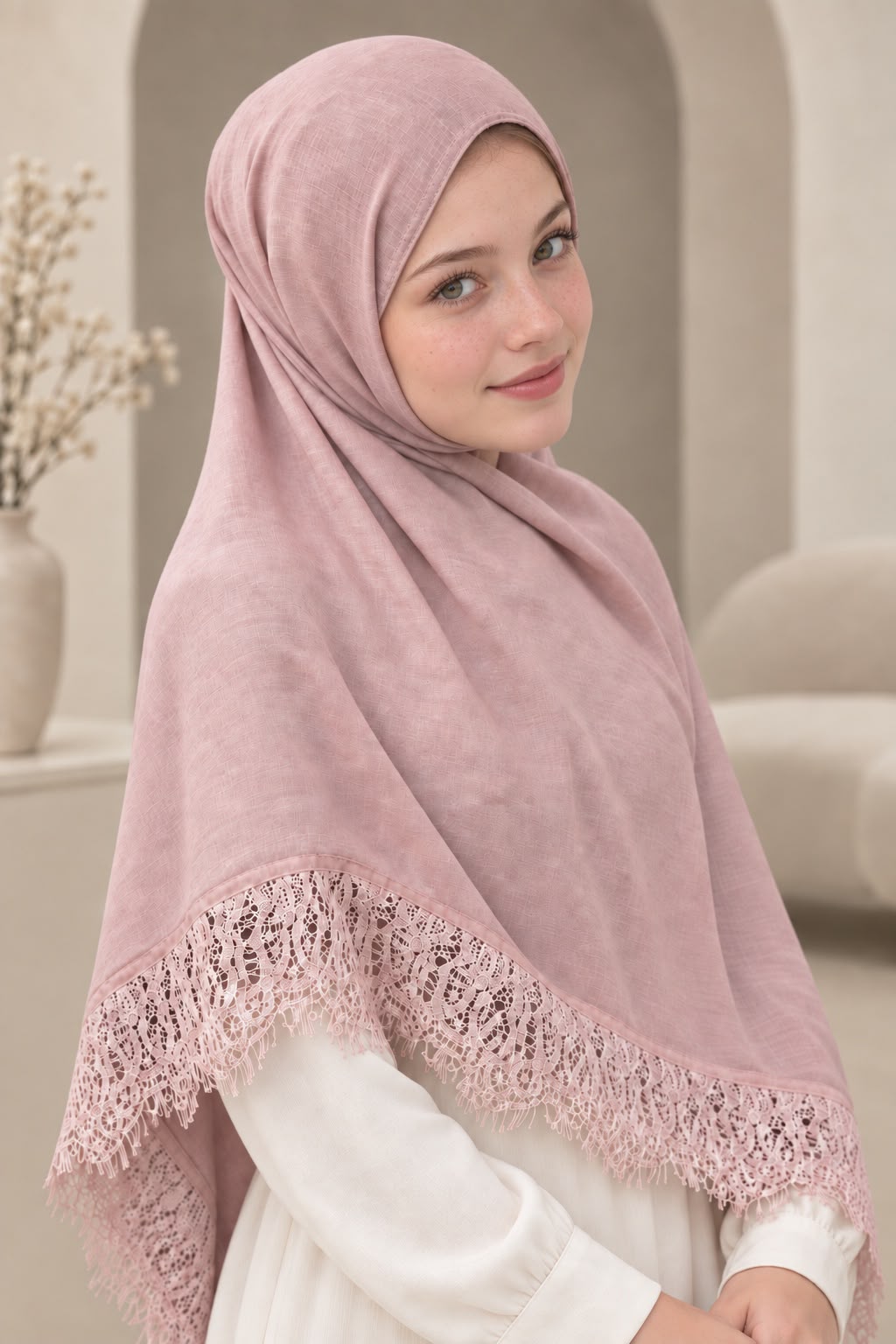 Hijab renda warna Dusty Pink