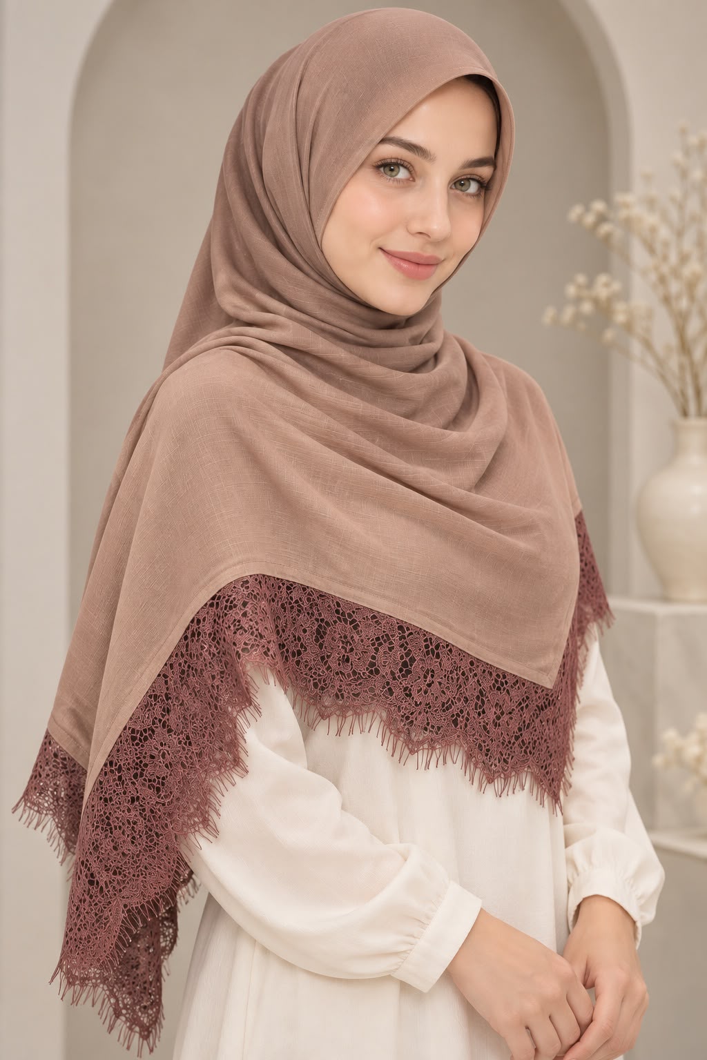 Hijab renda warna Cokelat Rose