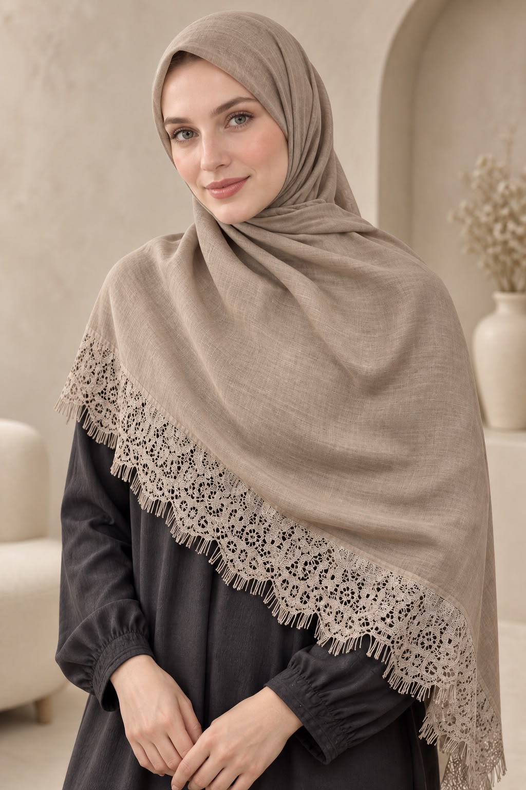 Koleksi hijab renda Altrilia warna taupe