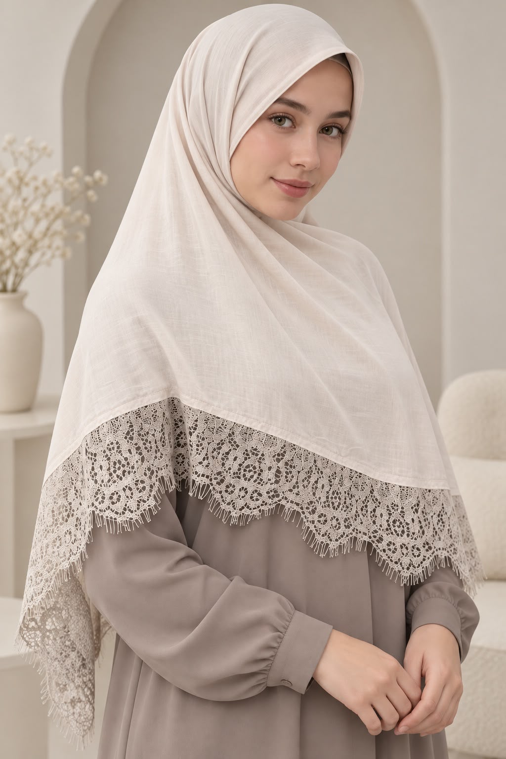 Hijab renda warna Ivory