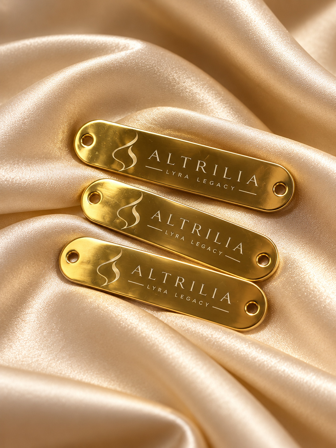 Label emas Altrilia Lyra Legacy di atas kain satin